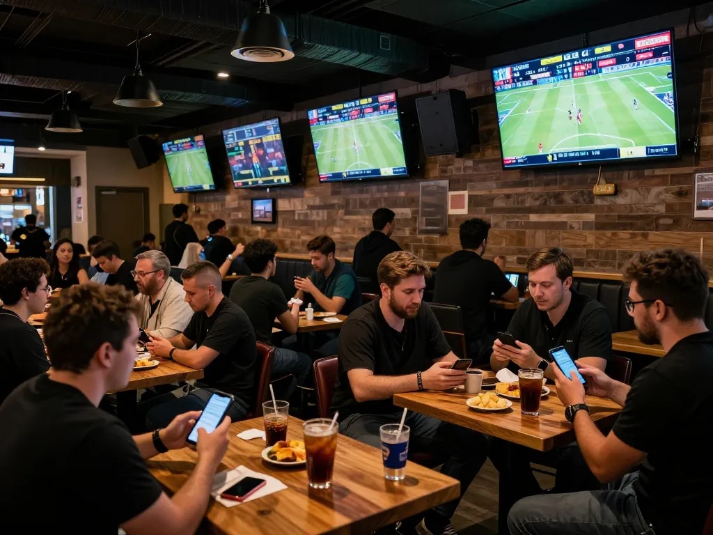 Tỷ lệ kèo nhà cái displayed on multiple screens in a lively sports betting bar with engaged patrons.