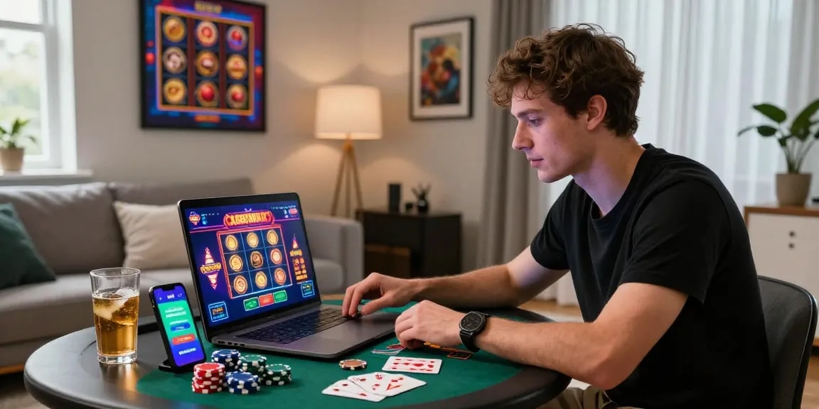 Experience the excitement of credit card casinos with a player immersed in online gaming.