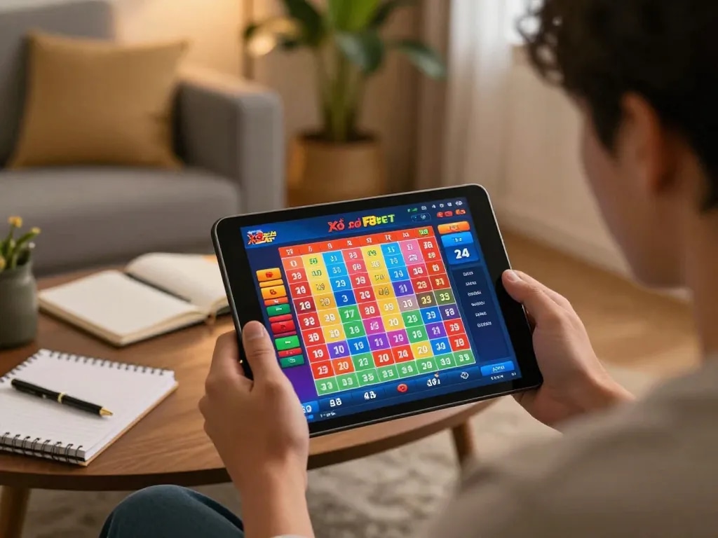 Engaging in Xổ số F8bet online lottery game on a tablet, highlighting strategy and interactive play