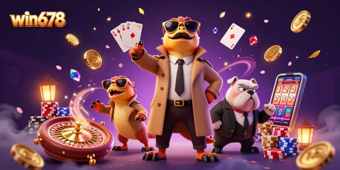 Experience thrilling gaming excitement with win678, featuring playful raptors and dazzling casino elements.