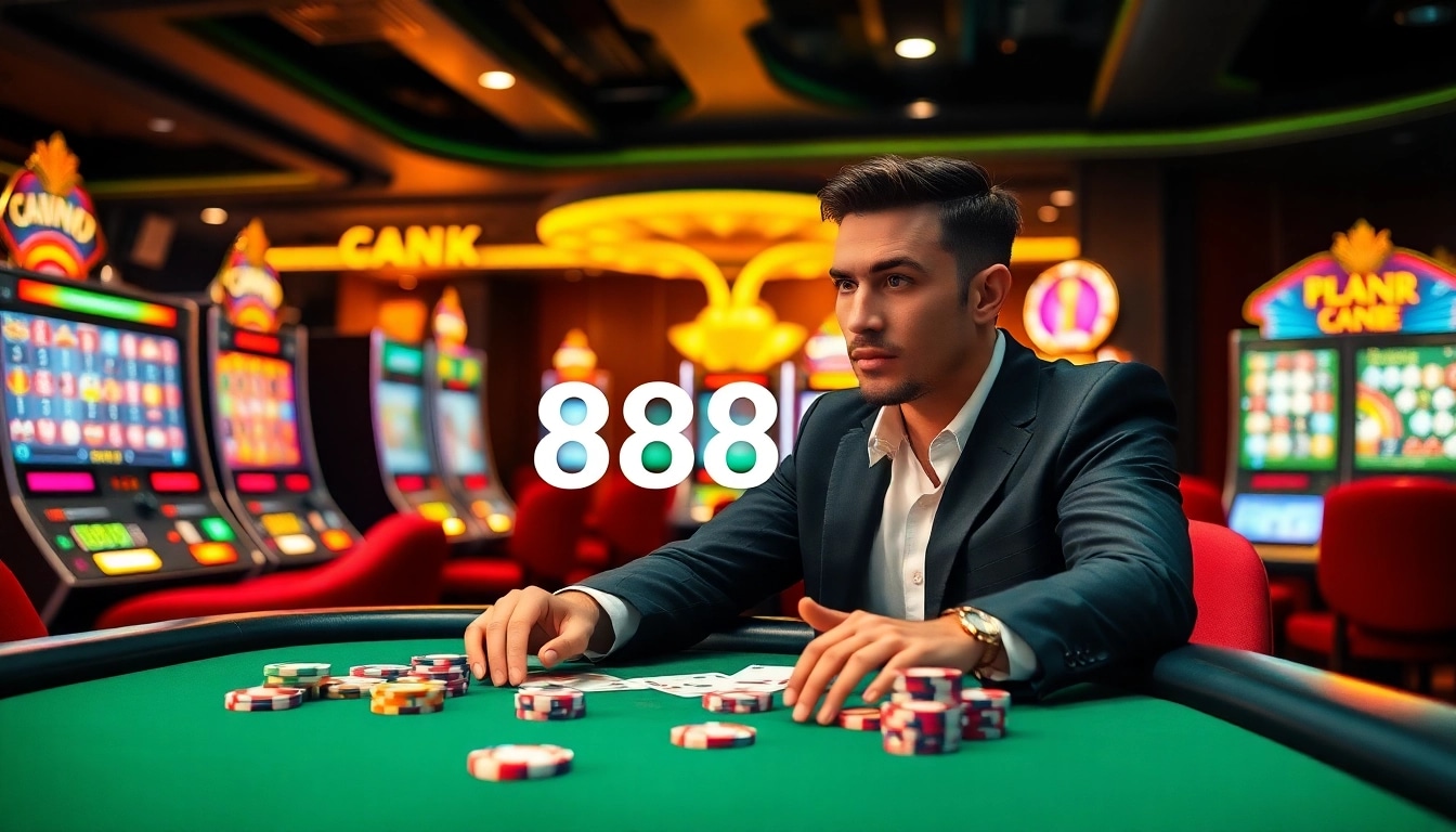 Engage with thrilling games at 888b casino, featuring vibrant poker chips and illuminated slot machines.