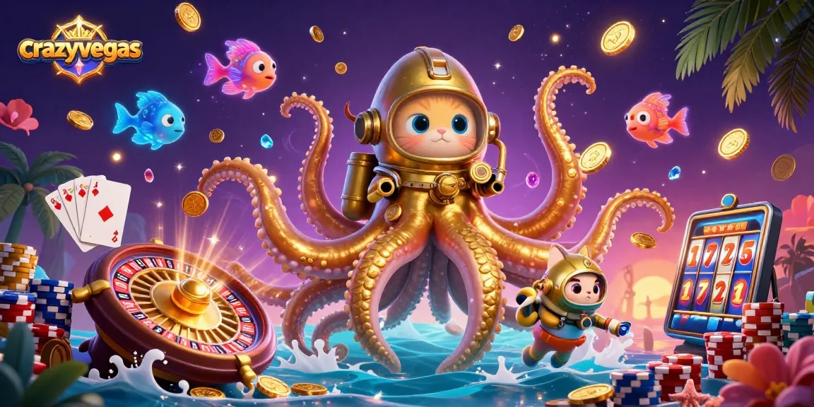 Experience thrilling gameplay with crazyvegas as a colossal kraken and diving cat unveil a treasure-filled scene.