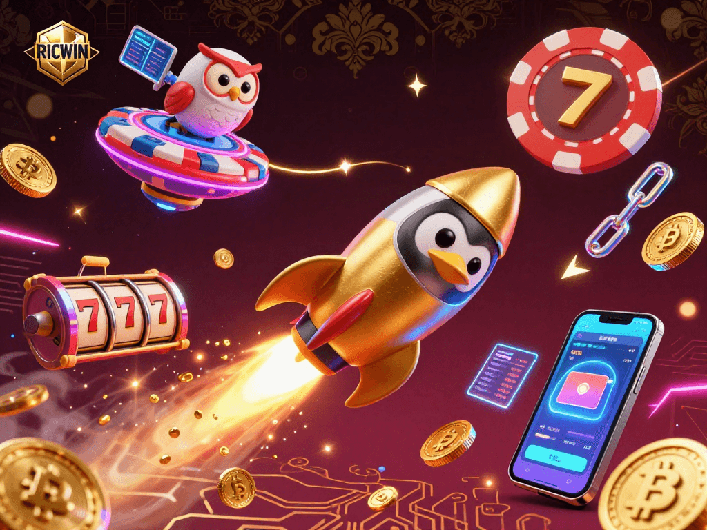 Experience exhilarating gameplay with RICWIN, featuring a golden penguin and slot elements in a cosmic casino.