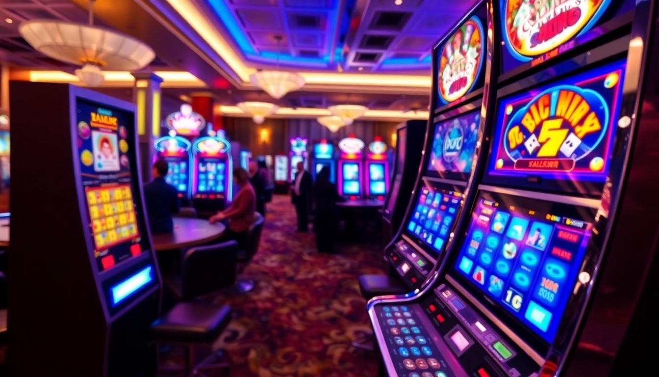 Menang di slot gacor dengan mesin permainan yang mencolok dan pencahayaan berwarna-warni.