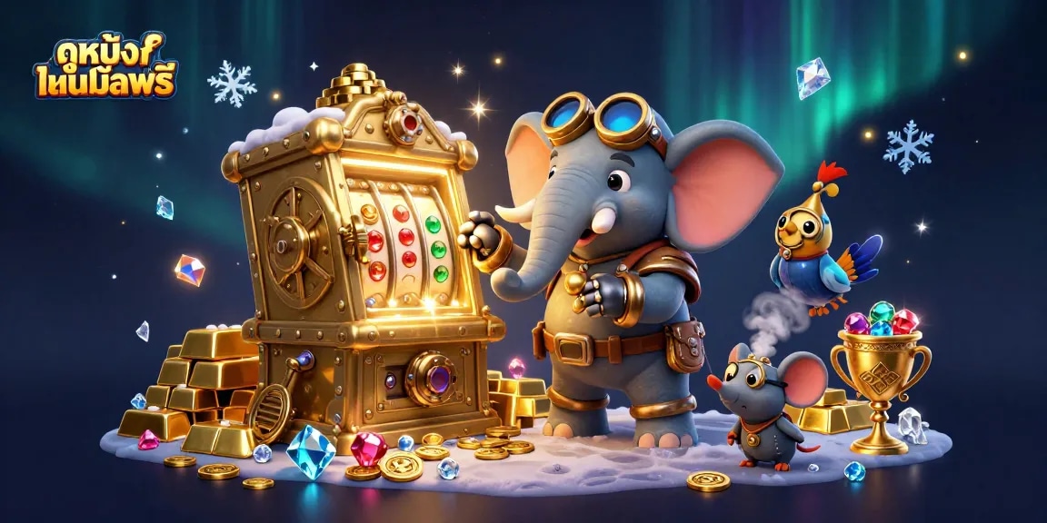 Spin and win with ดูหนังออนไลน์ฟรี, featuring vibrant steampunk casino elements and sparkling treasures.