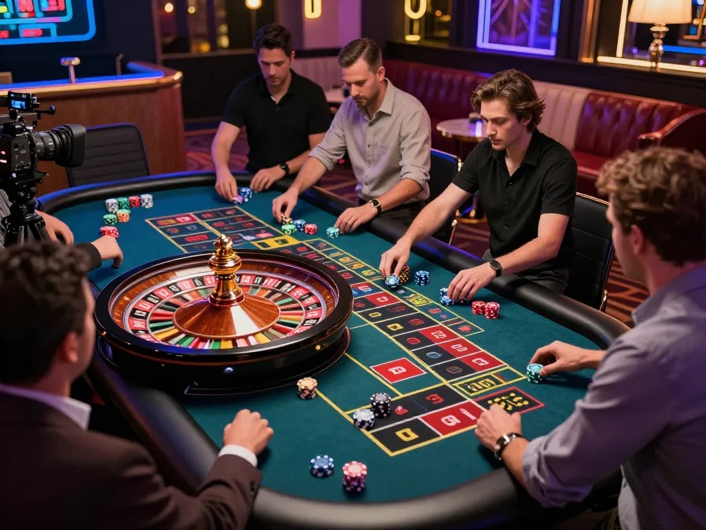 Players engage in thrilling roulette action at a vibrant casino table, embracing the excitement of bets with 7m stakes.