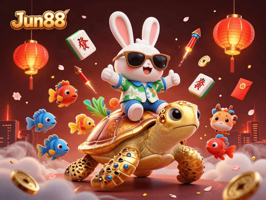 Experience Jun88 with a lucky rabbit and sea turtle celebrating in a vibrant casino scene.