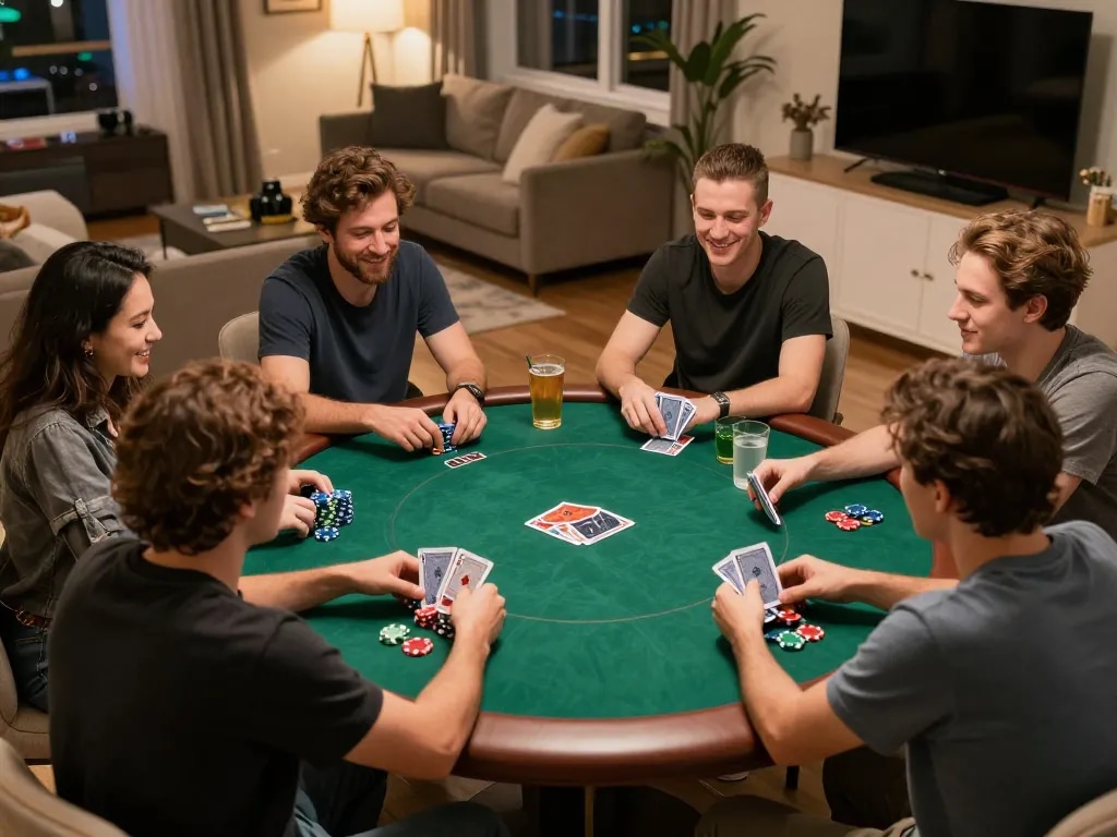 Friends enjoying poker night at home showcasing CM88 LINK in a cozy atmosphere with colorful chips and drinks.