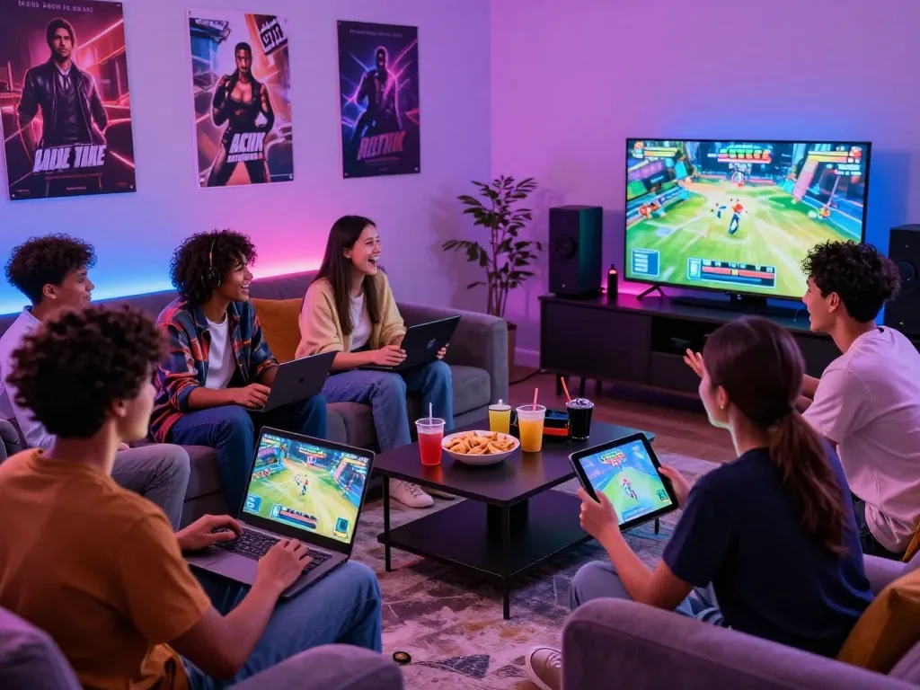 Group of friends playing a thrilling sex game on multiple devices in a vibrant gaming lounge.