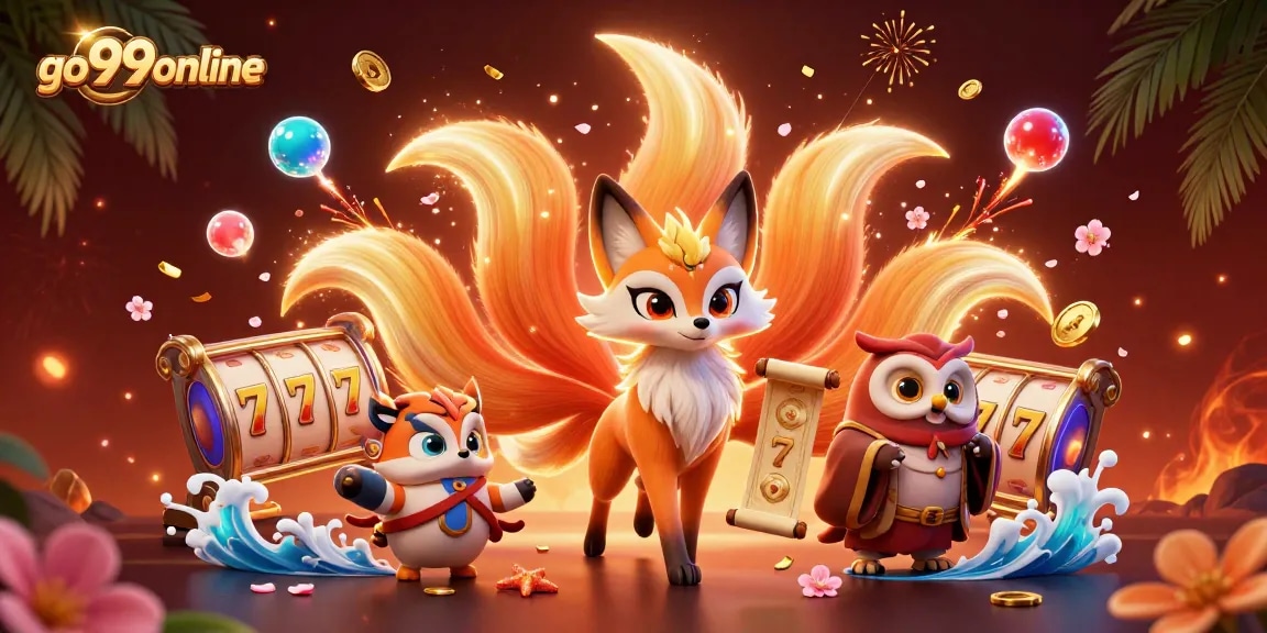 Experience vibrant gaming action with go99online, showcasing a lively casino atmosphere featuring slot reels and spirit characters.
