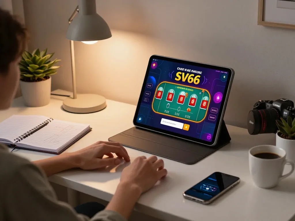 Playing SV66 casino app on tablet for a winning strategy while enjoying home comfort.