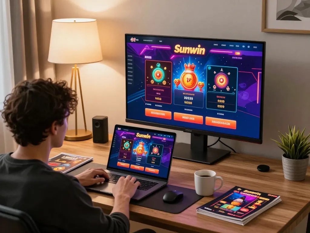 Person enjoying online gaming on Sunwin platform with laptop in a cozy home setting.