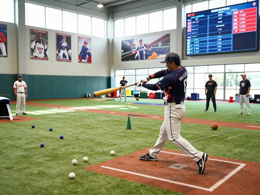 Athlete training at hitclub baseball facility, practicing batting techniques with training equipment in a vibrant indoor setting.