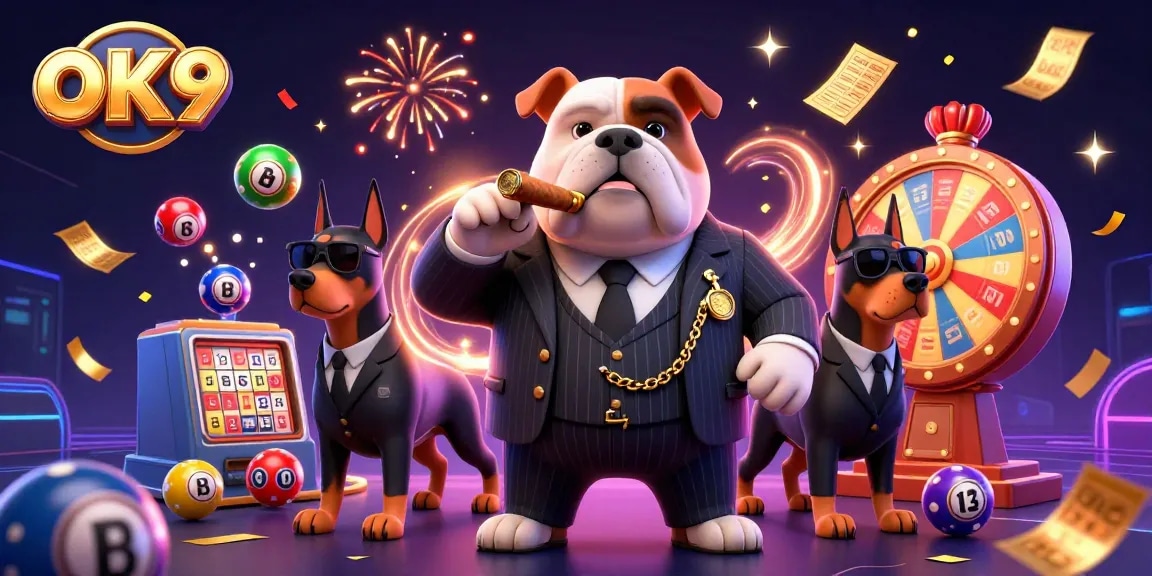 Engage with OK 9 illustrated casino excitement featuring a bulldog boss and dynamic game elements.