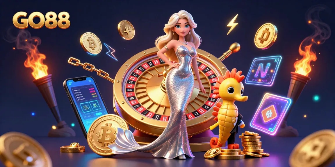 Engage in the thrilling world of GO88 with a stunning casino scene featuring a dazzling roulette wheel.