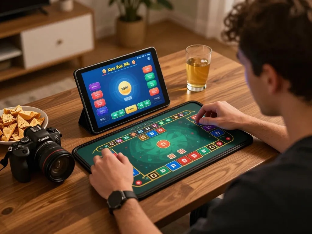 Xóc đĩa player focused on online game tablet in cozy environment with snacks.