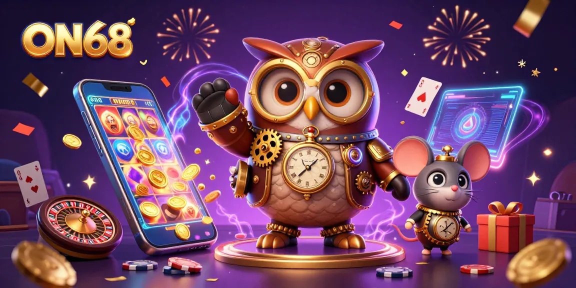 Experience the vibrant excitement of ON68 with an ultra-detailed 3D casino scene depicting a time-traveler owl and dynamic gaming elements.