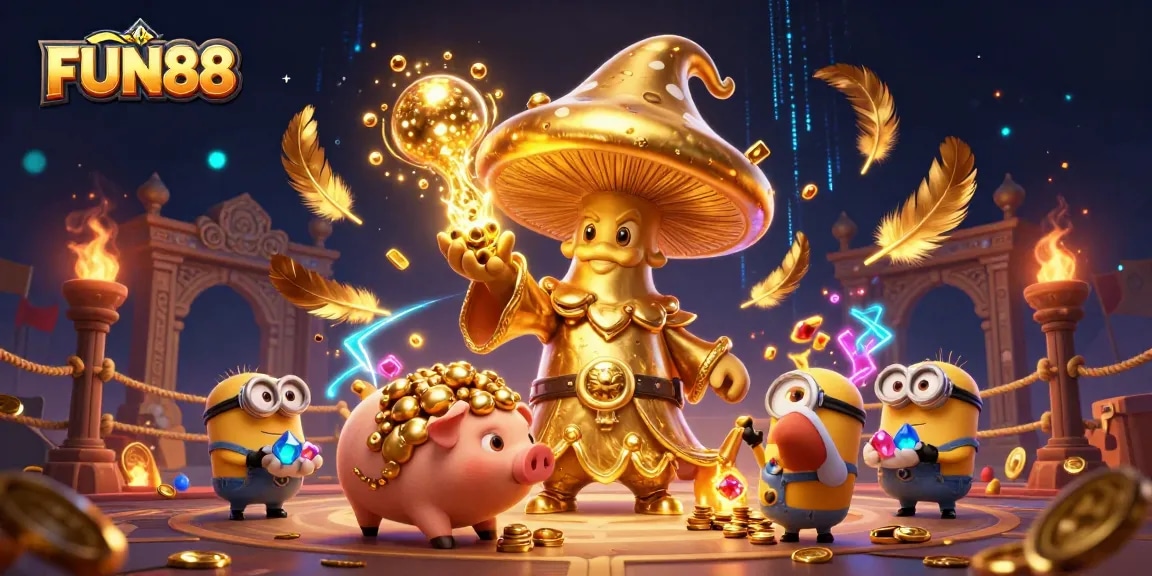 FUN88 ignites excitement with a dynamic 3D scene featuring a golden mushroom wizard and treasure-finding minions.