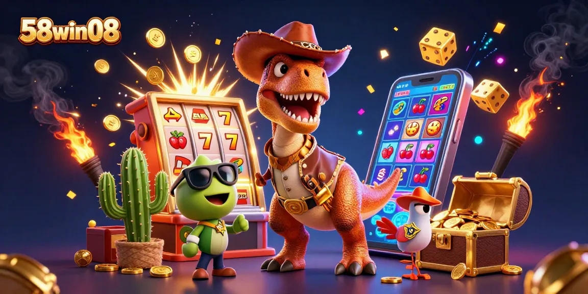 Experience thrilling wins at 58win08 with a dynamic, cartoonish casino scene!