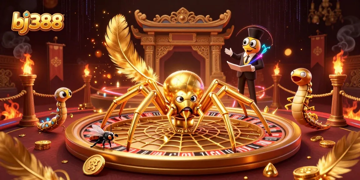 Experience the thrill of betting at bj388 with a captivating scene of a golden spider and centipede croupier.