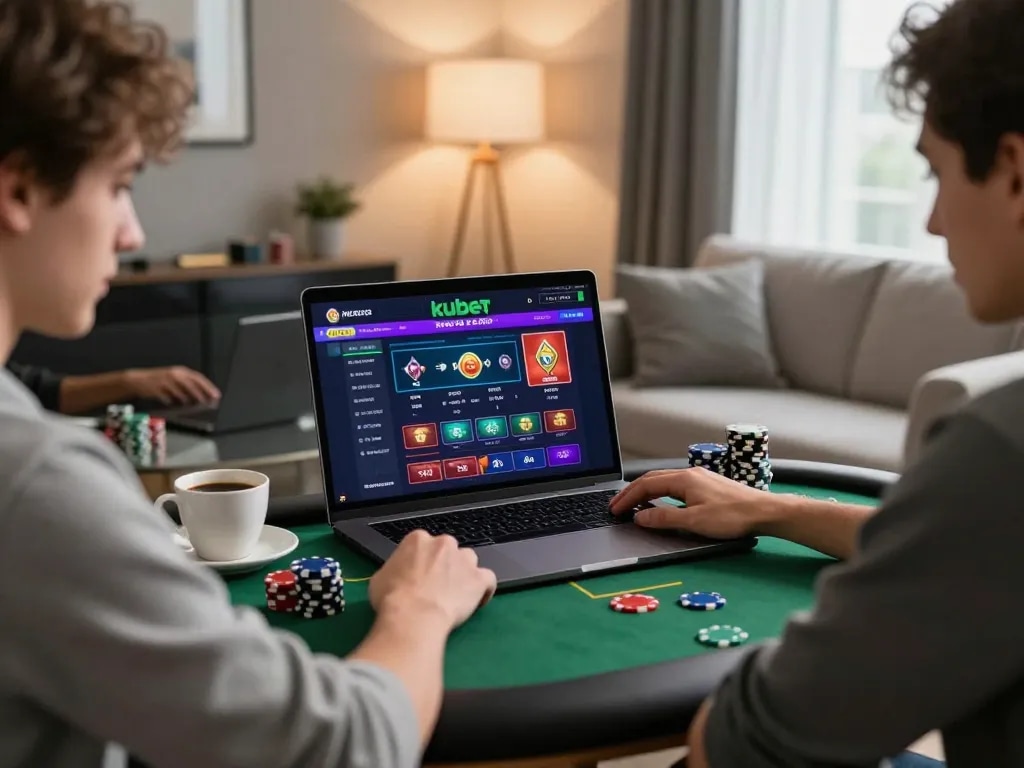 Engaged player enjoys online kubet gaming on a sleek laptop in a cozy living room setting.