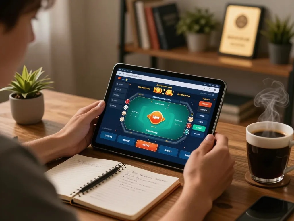 Player strategizing poker on 789wincom.town website from home tablet, showcasing responsible gaming.