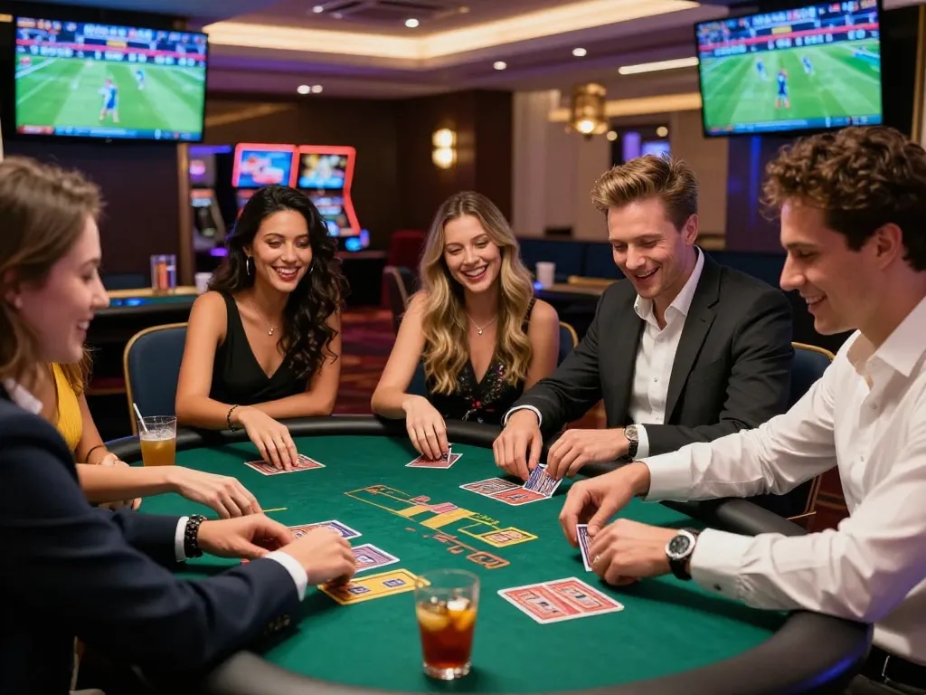 Group of friends enjoying gambling at a vibrant casino table, showcasing the excitement of https://rikbet.in.net/ betting experiences.
