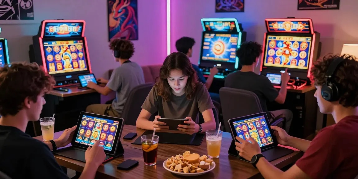 Excited players enjoying apk slot games on tablets in a cozy living room.