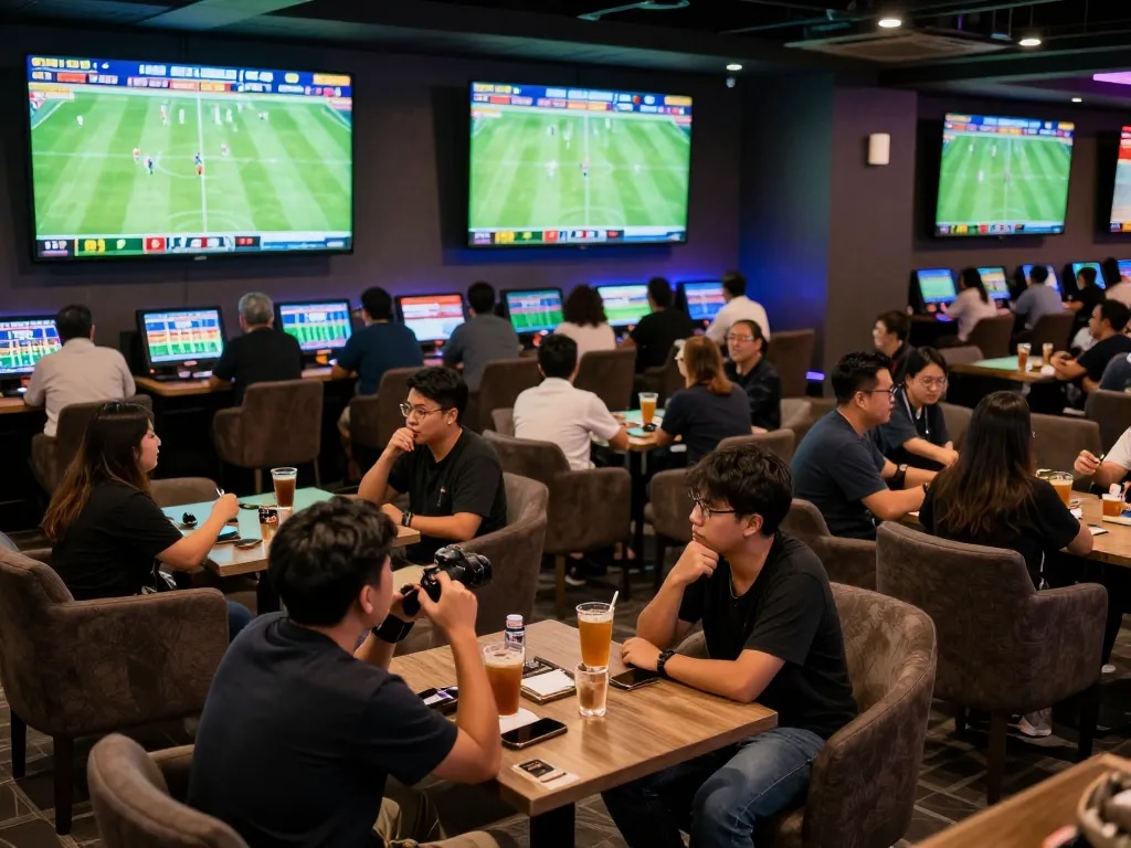 bettors analyzing odds and placing bets at keonhacai's upscale sports lounge