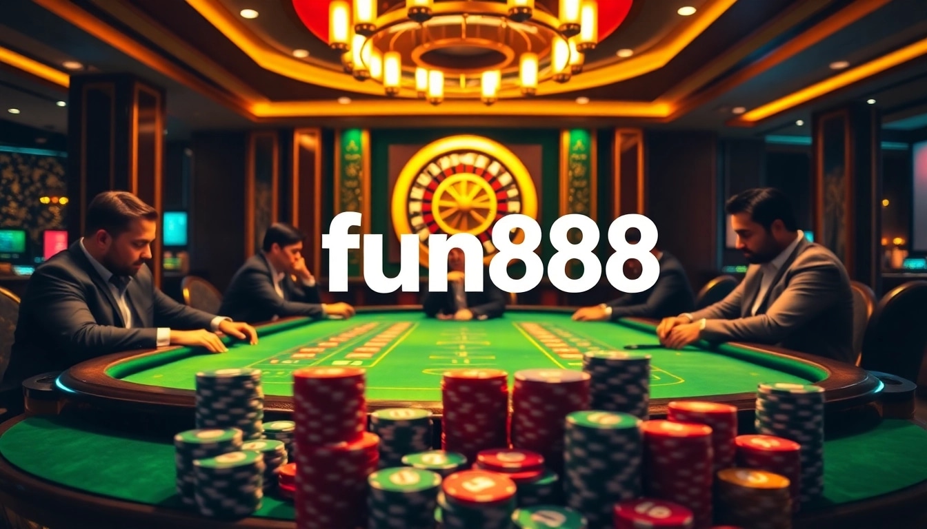 Engaging poker players experience the excitement of gambling at a table with the fun88 link displayed.