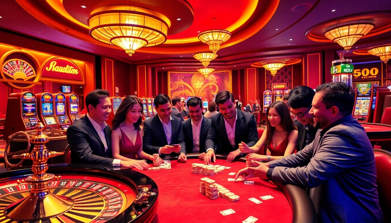 Experience the excitement of 58win at a luxurious casino with players enjoying poker and slot machines.