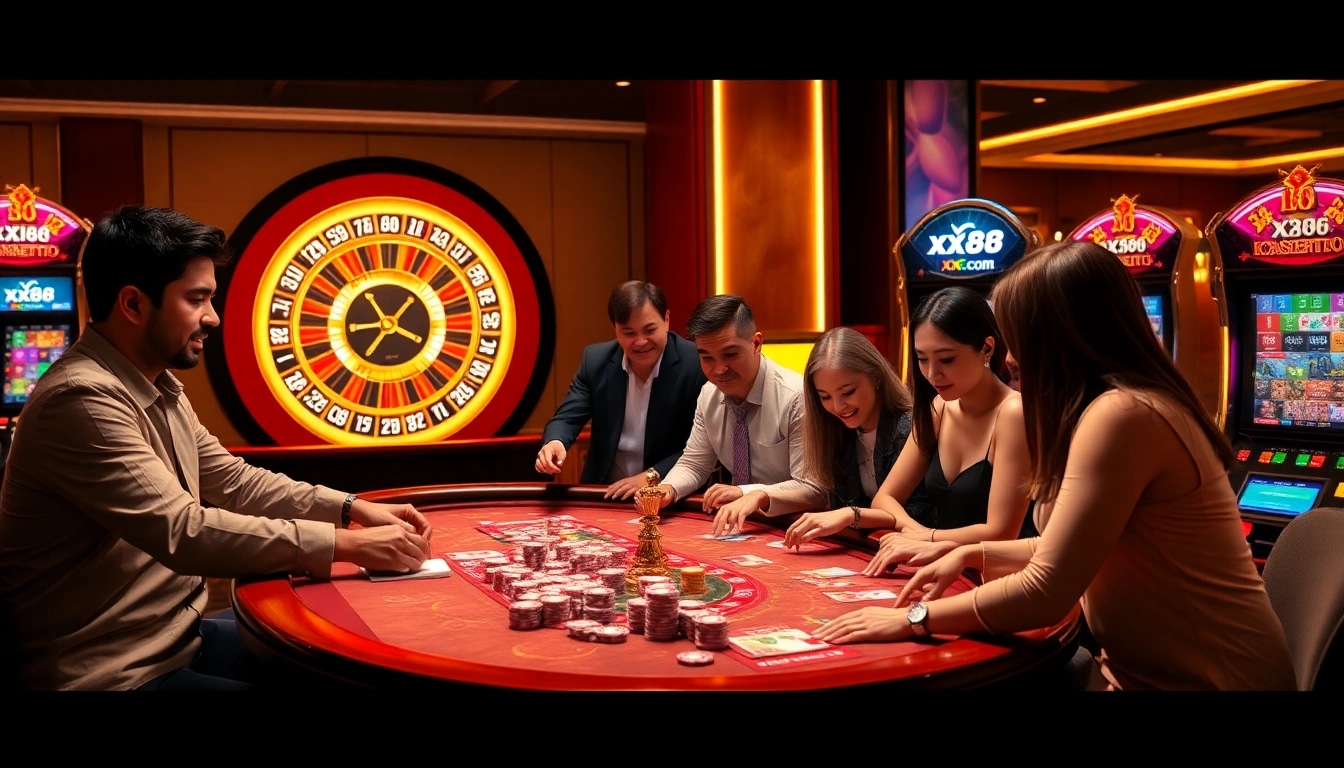 A vibrant casino scene with players enjoying games at xx88.com featuring poker chips, roulette wheel, and slot machines.
