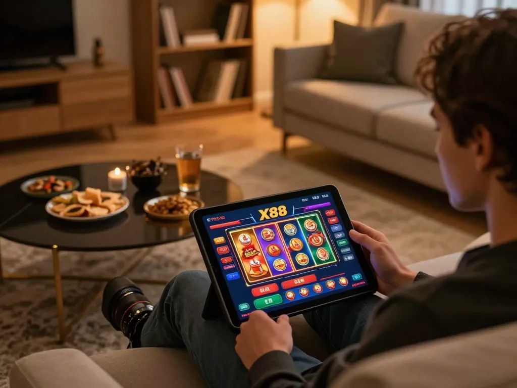 X88 user enjoying online casino gaming on a tablet in a cozy living room setting