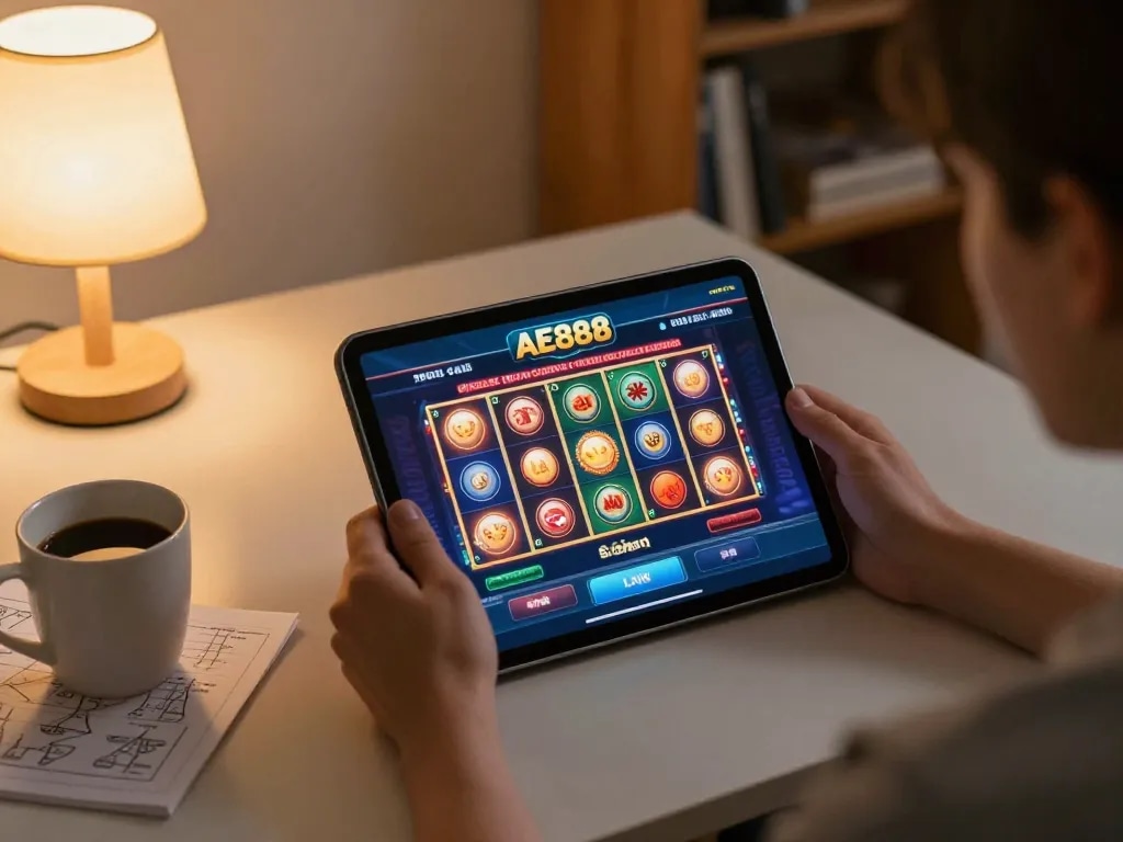 Engage with AE888 LINK while playing exciting casino games on a tablet at home.