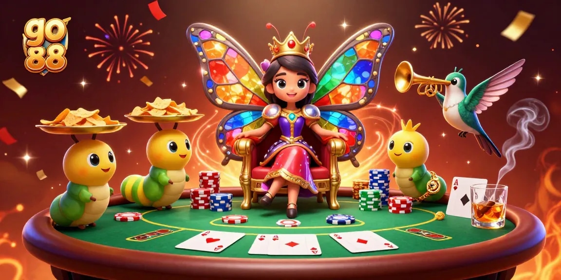 Engage with go 88's lively casino scene featuring a butterfly queen and poker elements.