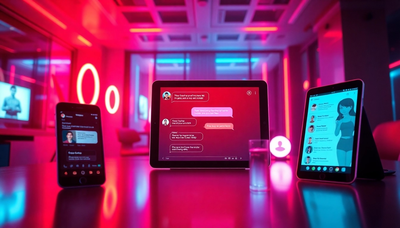Engaging digital artwork of a vibrant NSFW AI chat platform showcasing user interaction and modern devices.