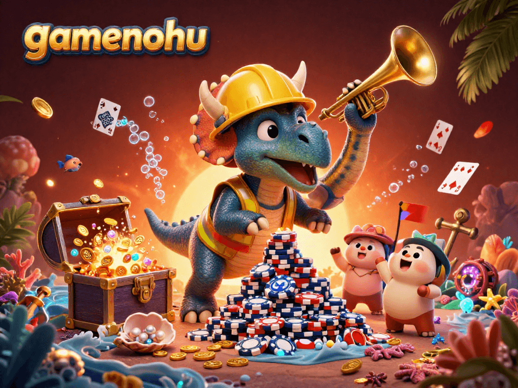 Experience gamenohu with colorful gaming elements as triceratops and friends celebrate jackpot wins.