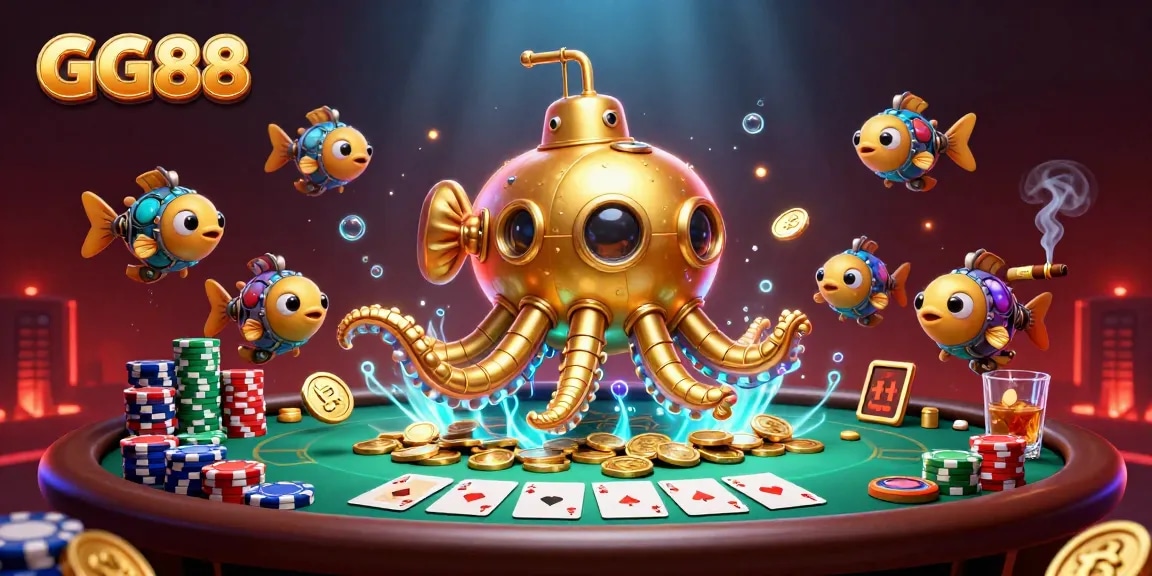 Join the adventure in GG88's vibrant 3D casino world, where golden kraken and poker battles await!