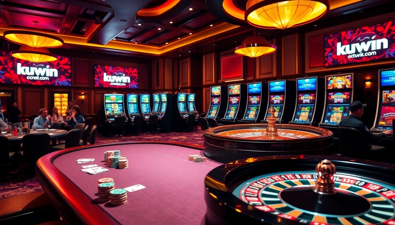 Kuwin.com showcases an engaging casino scene with vibrant poker action and spinning roulette.