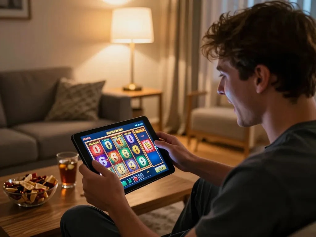 Excited player enjoying sc88 casino slot game on tablet in a cozy home environment