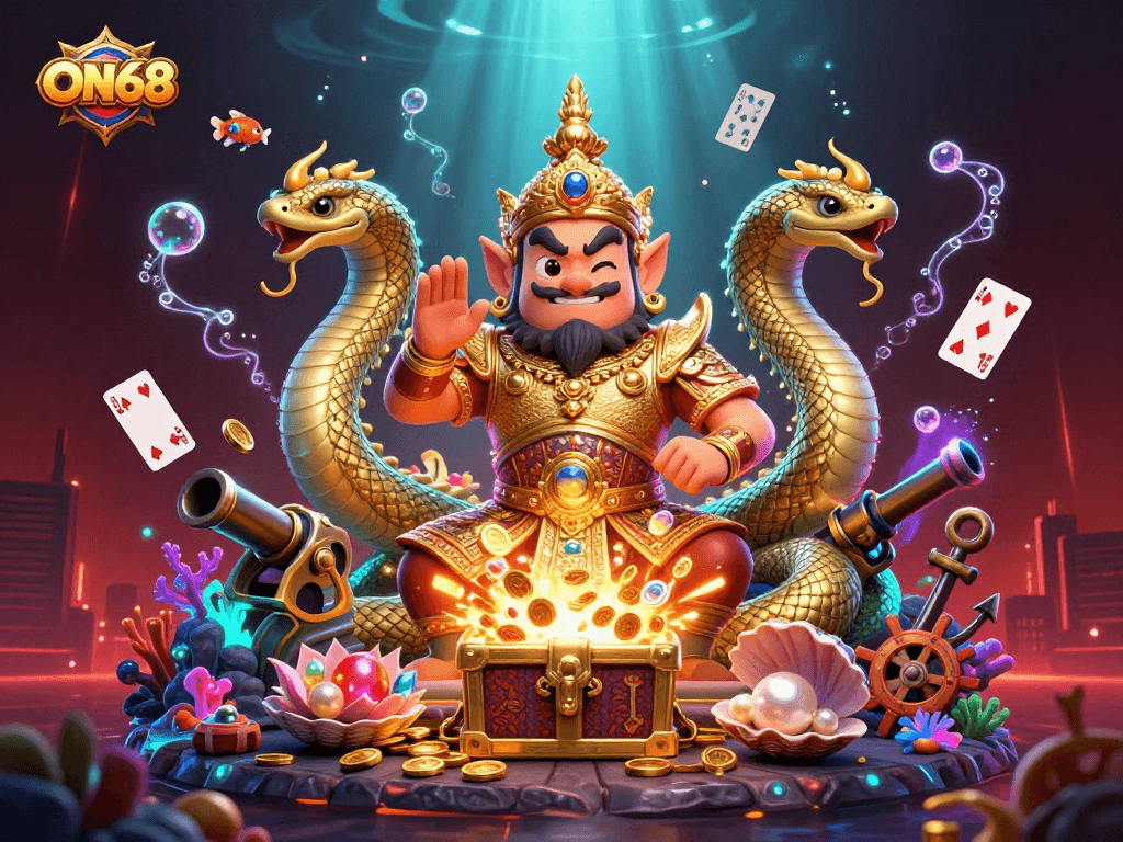 Engage in exciting gameplay at ON68 with vibrant casino scenes featuring a temple guardian and underwater treasures.