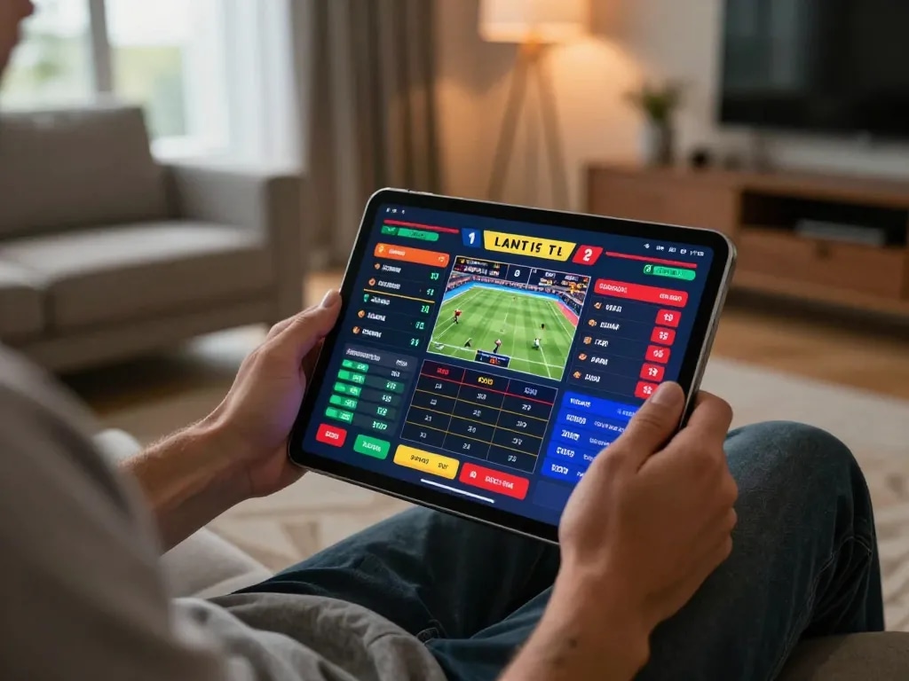 Active sports betting moment on https://play-hbet.com/ with tablet displaying live odds and player engaged in decision-making