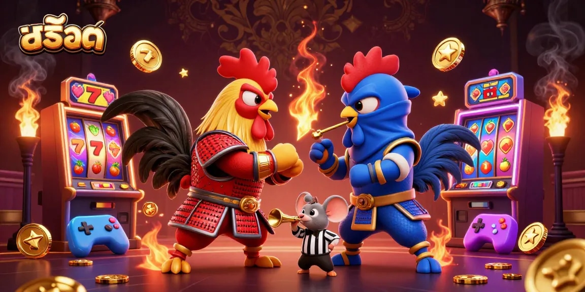 Engage in thrilling slot action with สล็อต as twin roosters face off amidst dynamic gaming elements.