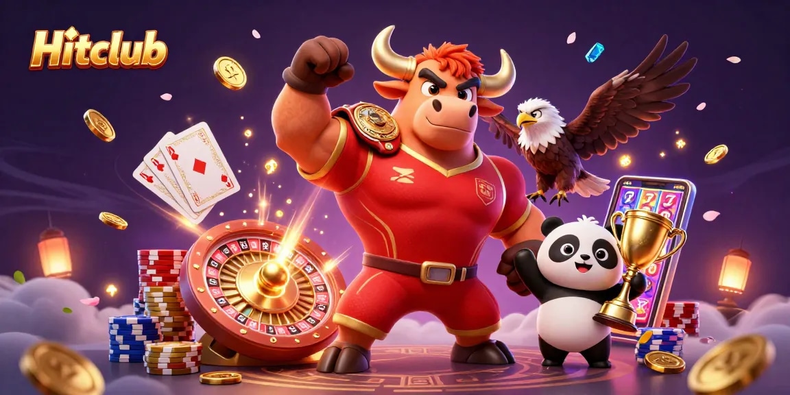 Hitclub offers an exciting gaming experience with vibrant 3D characters celebrating casino wins.