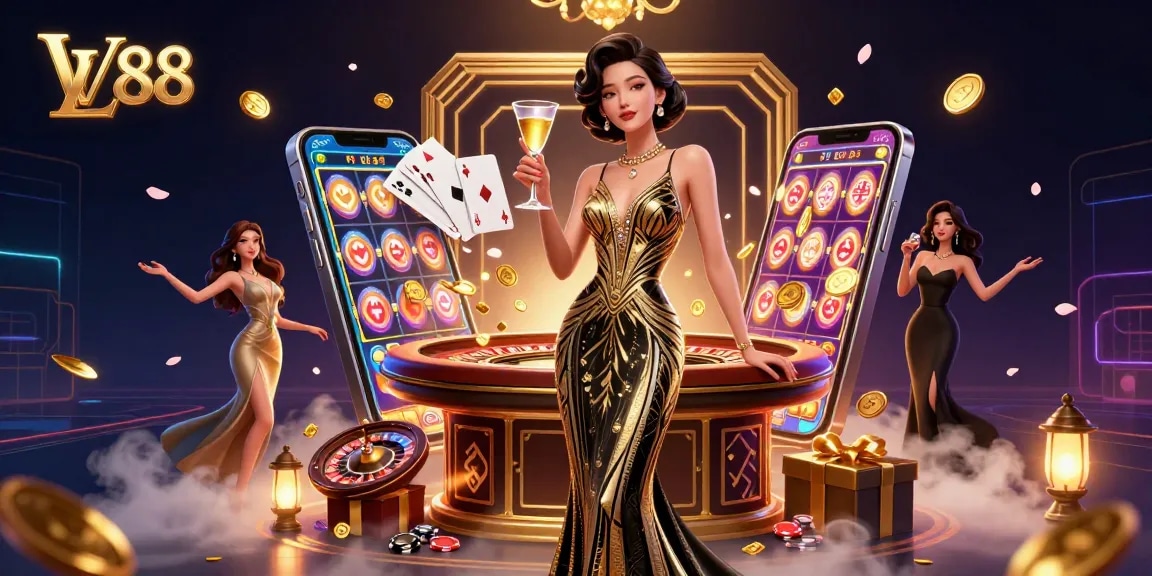 Engaging scene of LV88, where an elegant Asian woman holds champagne, surrounded by vibrant casino elements.