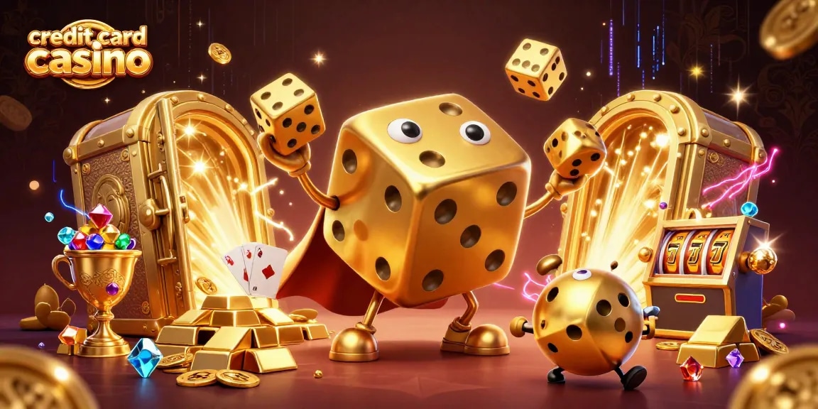 Engage with top credit card casino excitement featuring golden dice golem juggling and slots spinning.