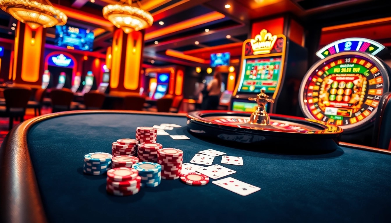 kuwin casino scene with poker chips, roulette wheel, and slot machines glowing