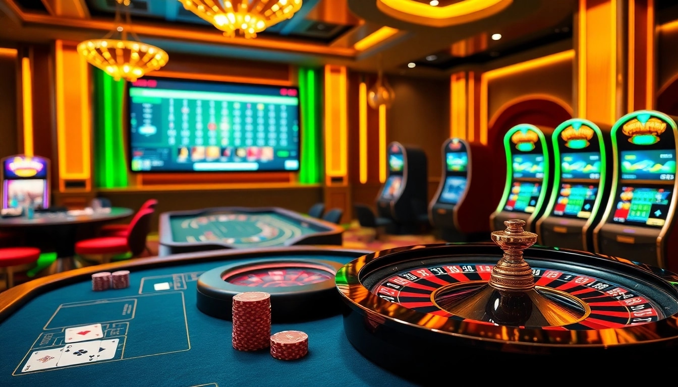 Experience the excitement of hello88 at a luxurious casino with vibrant gaming tables and slots.