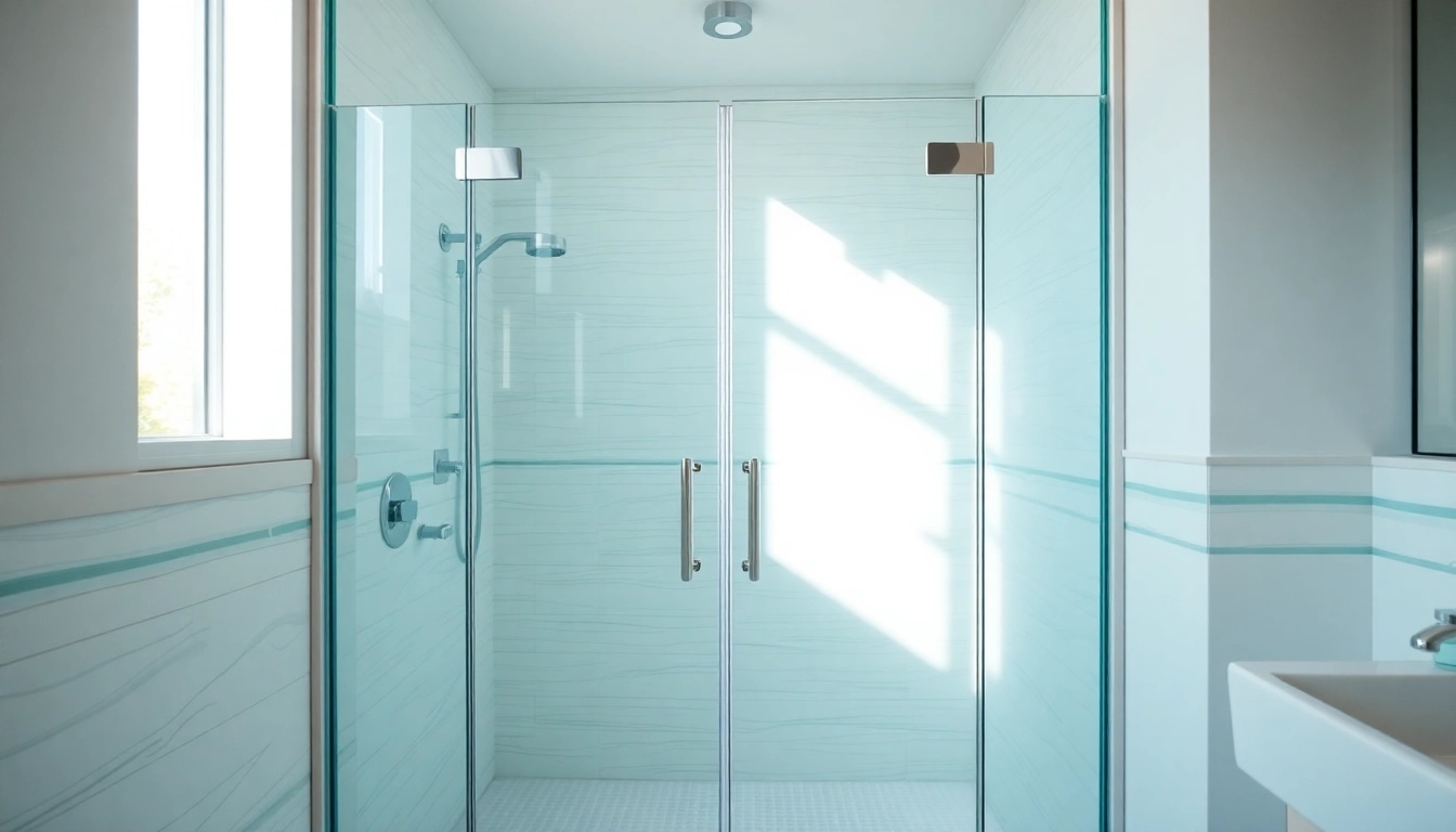 A beautiful shower screen door made of clear glass in a stylish bathroom environment with elegant tiles.