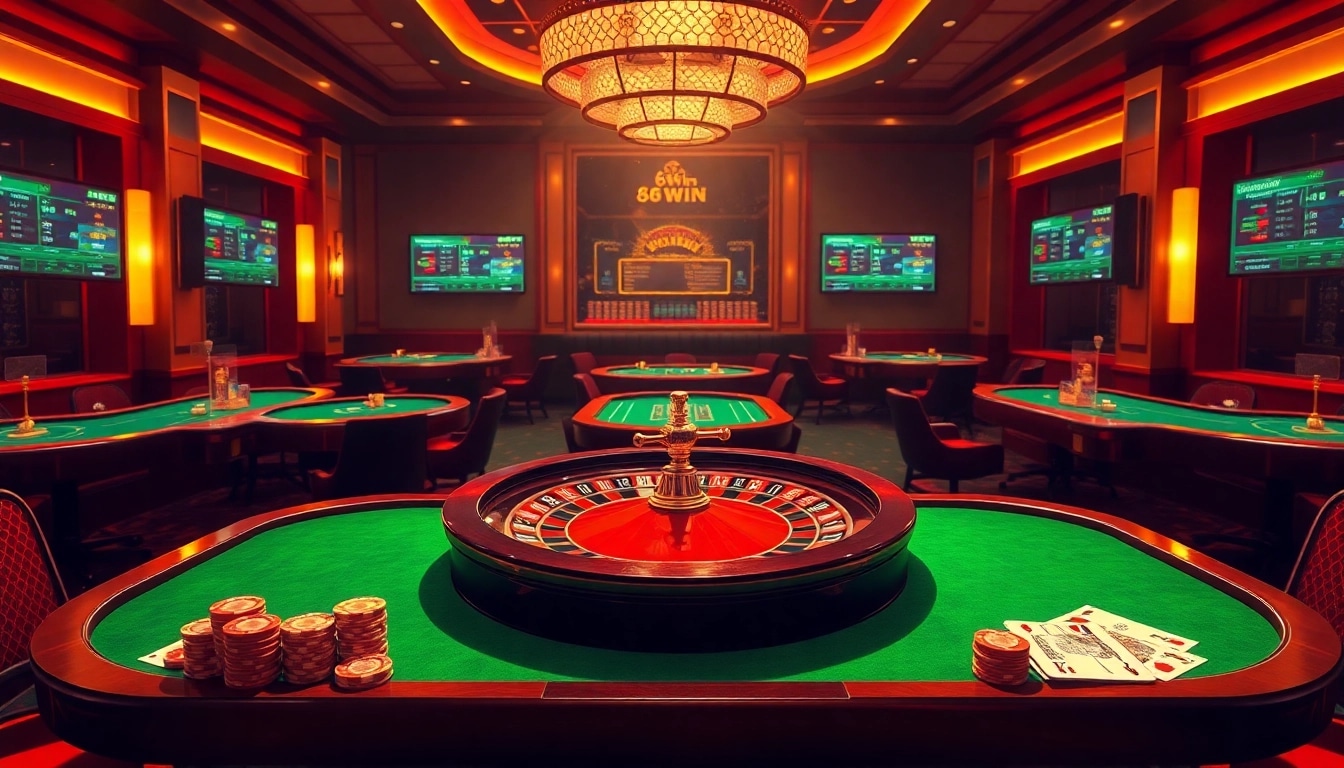 Experience the thrill of winning at 68win's luxurious online casino environment with poker tables and roulette.
